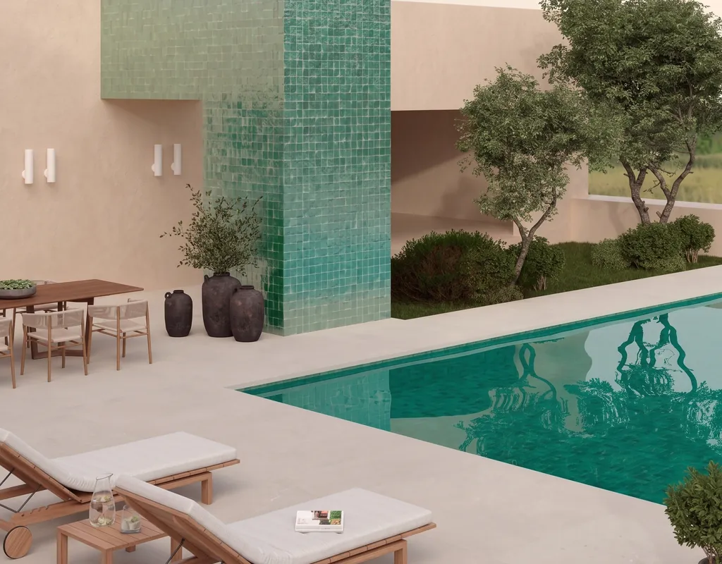 Piscina y azulejo verde
